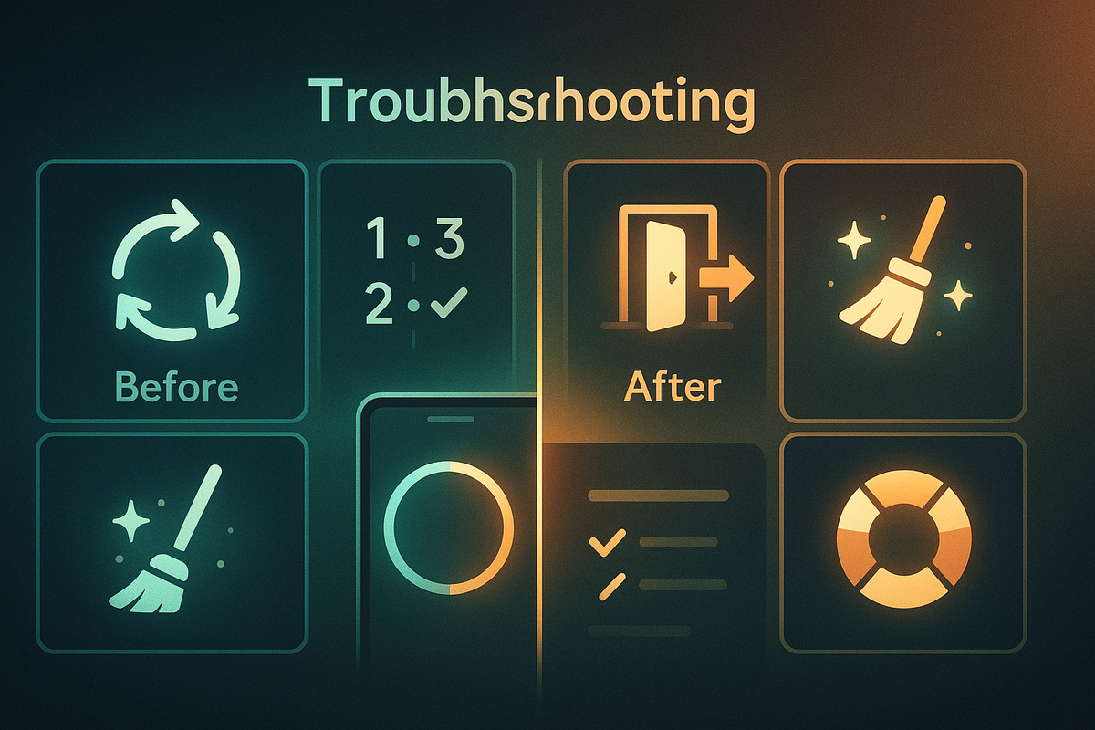 Troubleshooting control board—Before/After panels with refresh loop, sign-out/in arrow, cache clean, progress ring, checklist, and lifebuoy; soothing, fix-it energy to revive a missing coupon instantly