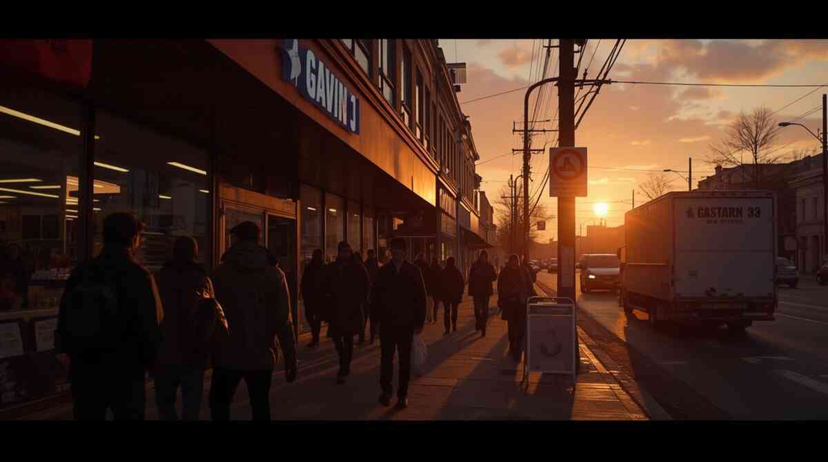Cinematic dawn outside an unbranded game shop—warm sunrise on determined shoppers and delivery truck; electric “today’s the day” mood for in-store Switch-2 hunt success