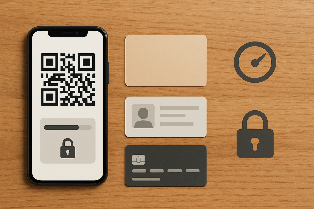 Clean wood-desk flat-lay—smartphone with bold QR barcode and progress bar, loyalty card, government ID, credit card, speed dial and padlock icons—eligibility checklist for Famipay + payment requirements, secure and fast
