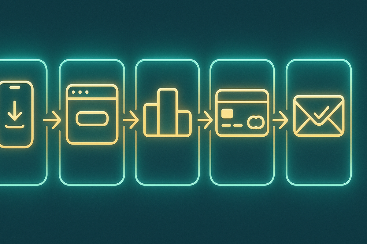 Luminous 5-step pipeline—download app → open entry page → choose bundle → pre-authorize payment → confirmation email—frictionless how-to for the Famima Switch2 draw, decisive action glow
