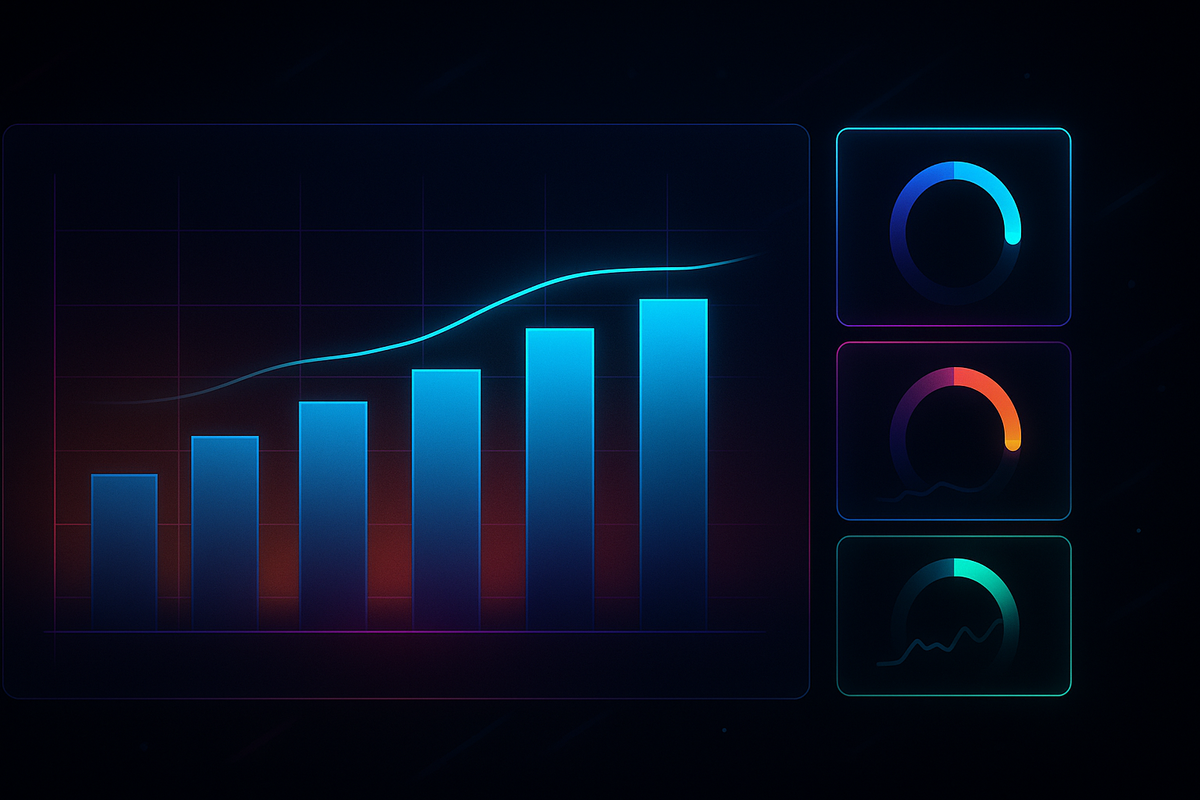 Moody data dashboard—rising blue bars with smooth trend line and odds gauges—Switch2 lottery win rate visualized around 22%, evidence-driven optimism and momentum