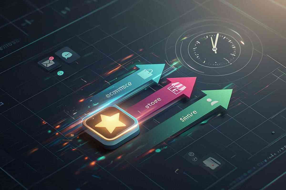 Cinematic strategy board—three high-speed arrows for e-commerce, in-store, and parallel routes racing under a ticking clock—multi-channel application plan to boost chances, urgent victory mood