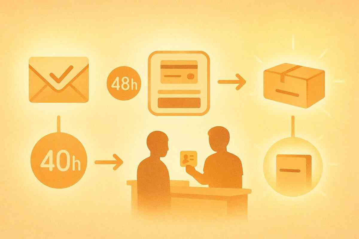 Warm after-win flow—email received → complete purchase within 48h → package ready; show ID at counter within pickup window—golden relief and secure pickup, prize finally in hand