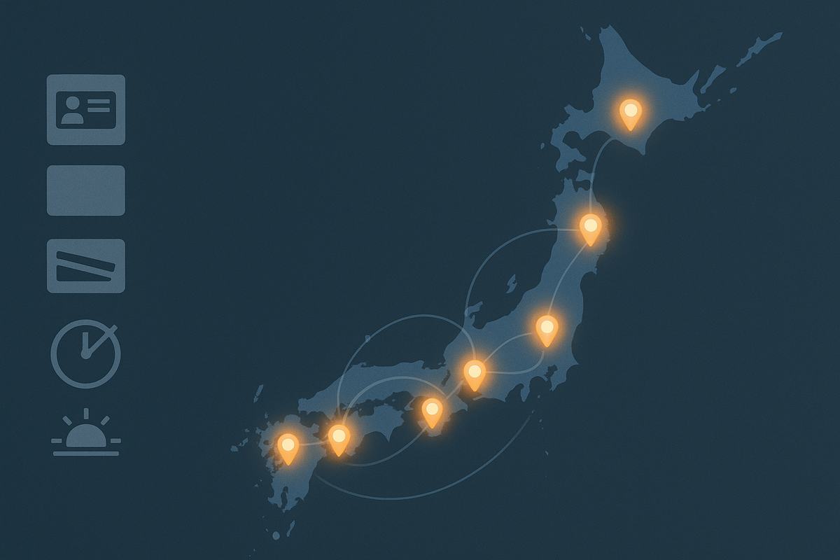 Japan map glowing with warm pins—nationwide Switch2 store hotspots, ID/loyalty/credit icons and dawn-timing hints—plan a confident route to certain purchase