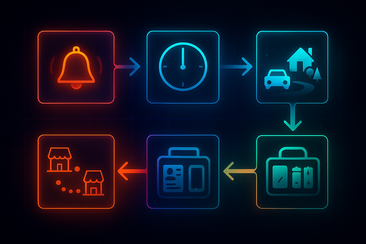 Neon action flow—alerts on → precise time → drive out → prep kit → store-hop—decisive step-by-step game plan to snag Switch2 without a lottery, thrilling and focused