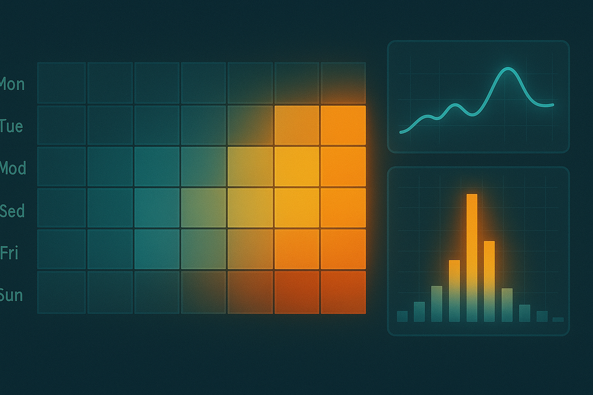 Weekend heatmap blazing Fri–Sun with trend and histogram panels—data-backed best hours to buy Switch2 in store, pragmatic clarity with exciting urgency