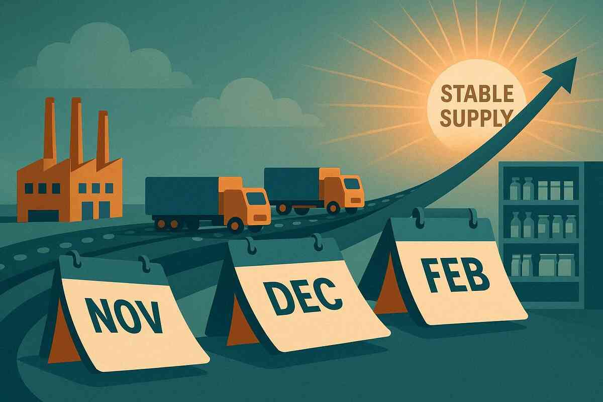 Factory → trucks → store shelves under a rising sun—NOV → DEC → FEB supply ramp toward stable availability—optimistic Switch2 timeline, bright momentum and relief