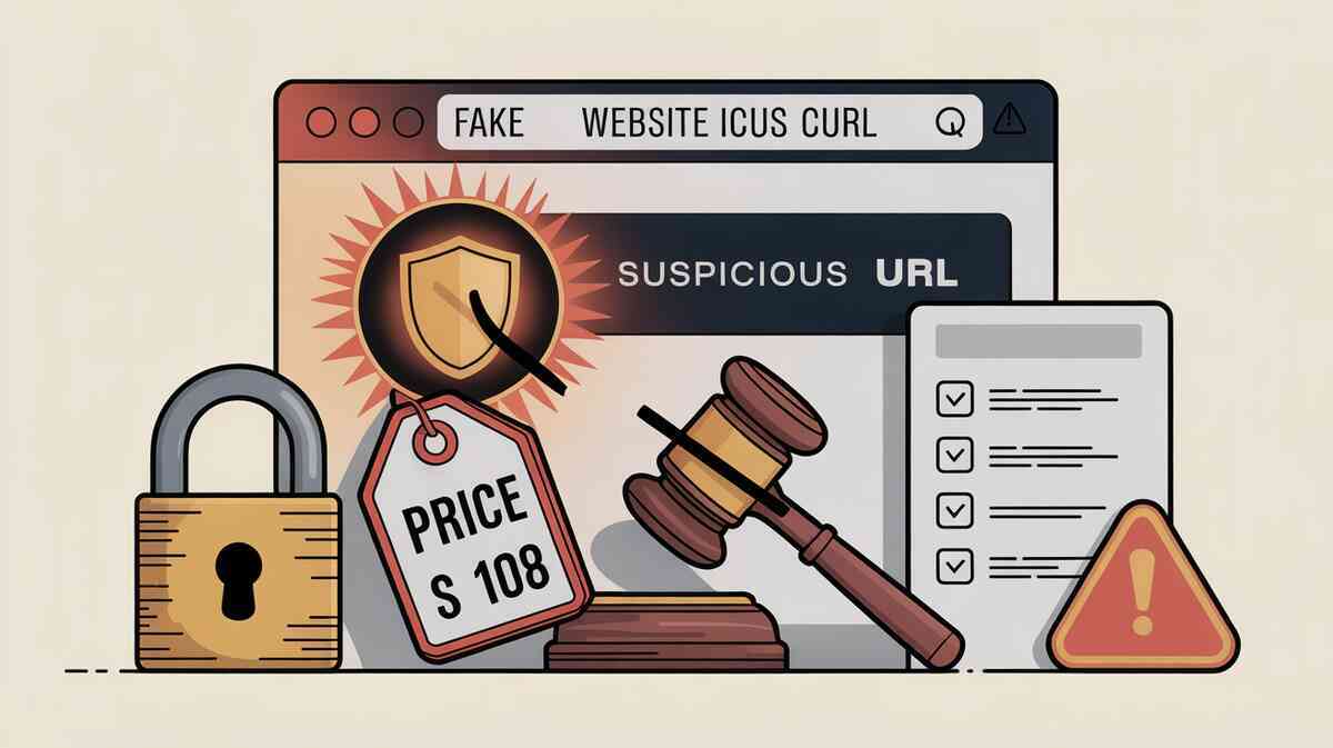 Scam-proof buying tableau—lock and shield over a suspicious URL window, checklist and caution badge—Switch2 safety tips to dodge fake sites and protect your wallet
