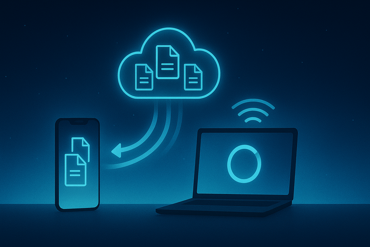 Phone → cloud → laptop with flowing arrows—iCloud or iTunes backup made simple, safe copy of photos/contacts/messages before selling to GEO, serene midnight blue, peace-of-mind energy