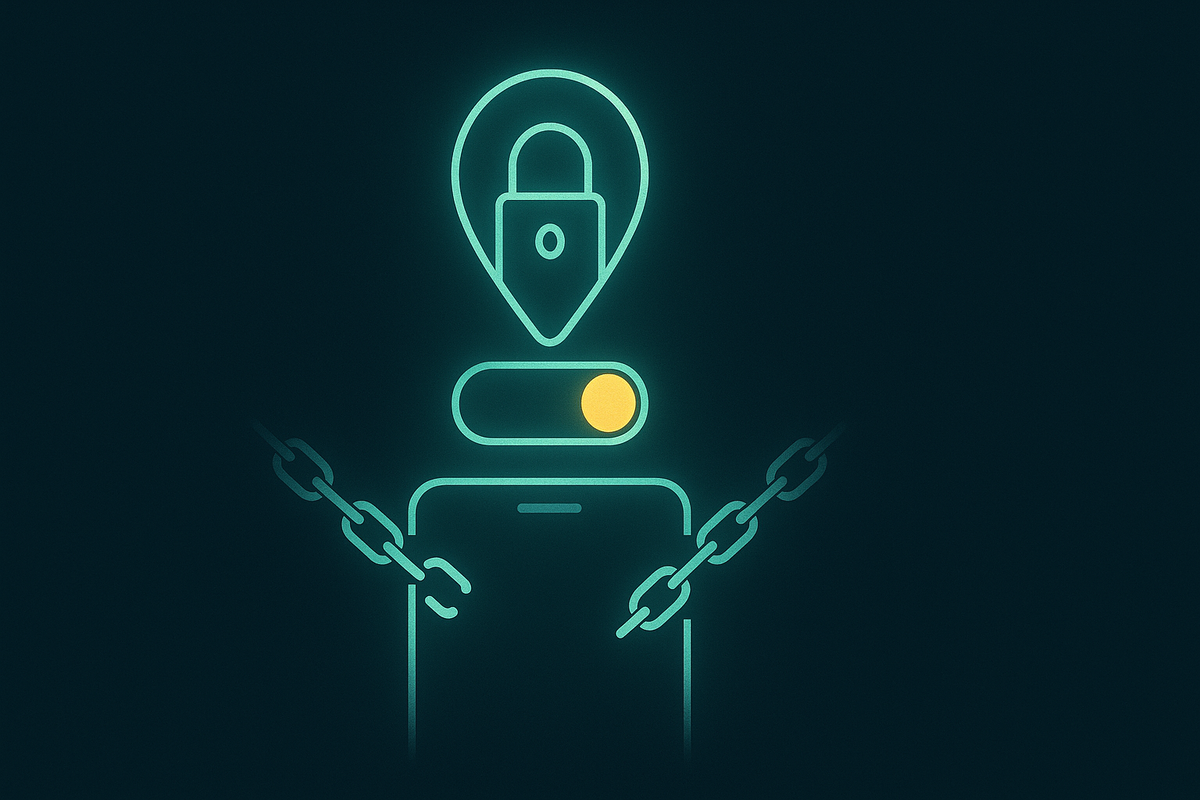 Find My switch beneath a location-lock icon with breaking chains—turn off Activation Lock, sign out of Apple ID, fail-safe step to prevent GEO trade-in refusal, protective teal glow
