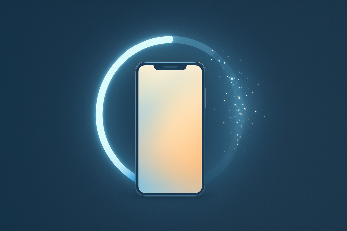 Minimal iPhone surrounded by a sparkling progress ring—erase all content and settings to the “Hello” screen, true factory reset for a clean handoff, fresh-start, weight-off-your-shoulders feeling