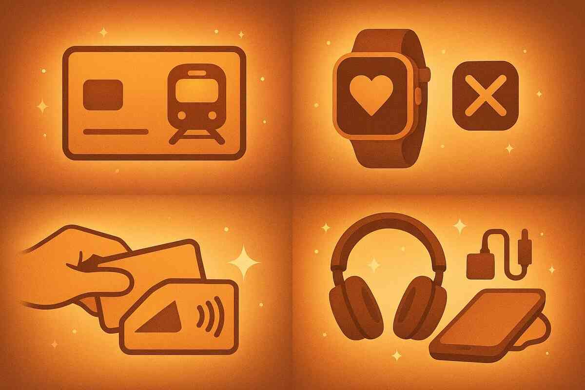 Warm amber four-panel icons—remove transit cards from Wallet, unpair Apple Watch, clear contactless cards, gather accessories—often-missed preps that boost appraisal, satisfying checklist vibe