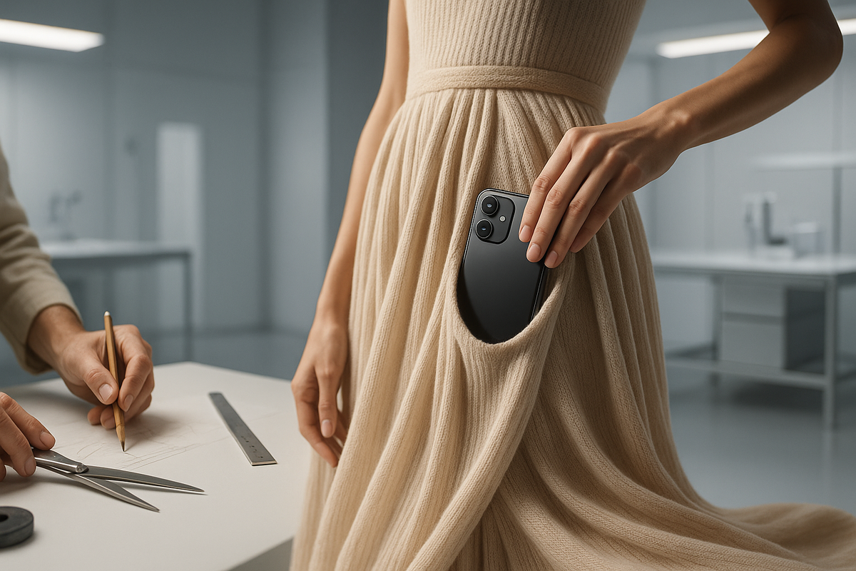 Couture studio serenity—artisan tools beside a flowing knit dress as a sleek smartphone rests inside a deep pocket—fashion × technology, human craft, quiet luxury, whispered wonder