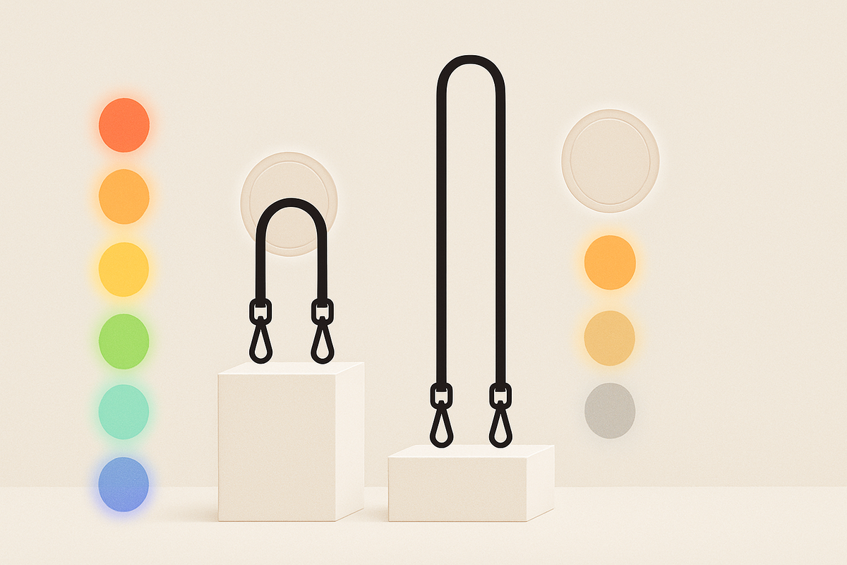 Minimal infographic clarity—short vs long strap icons on pedestals with luminous color dots—price tiers and options at a glance, calm beige harmony, simple decisive choice