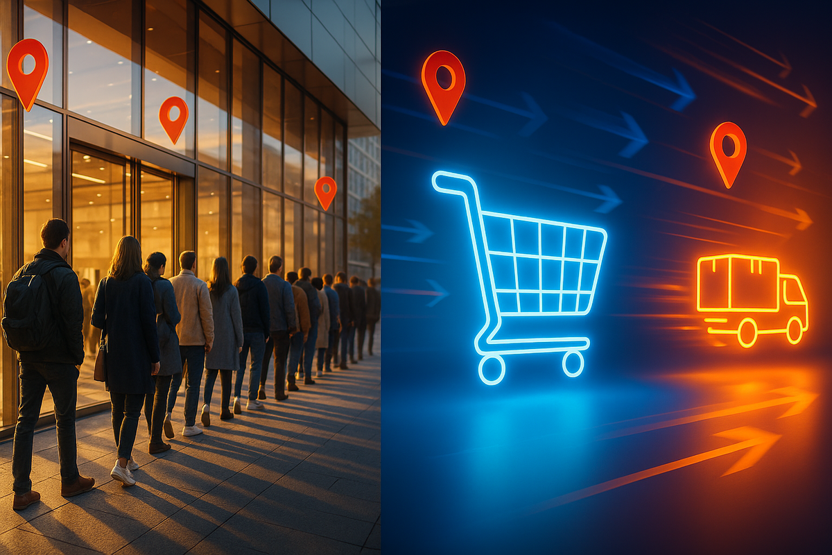 Split scene buying guide—sunrise queue at a glass flagship vs fast online checkout and delivery neon—where to buy now, electric momentum, frictionless path, get-it-first urgency