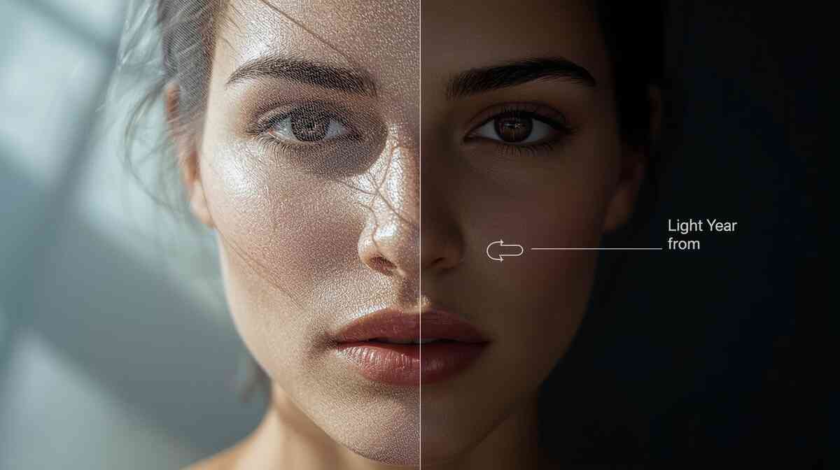 Balanced split review mood—textured reality vs silky smooth finish on a human face—pros and cons in one frame, honest clarity, nuanced emotion, intimately cinematic