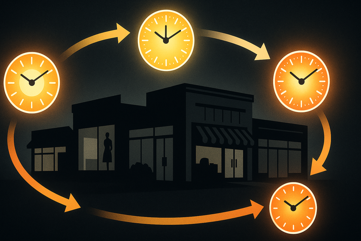 Cycle of four glowing clocks orbiting a dark storefront—morning → opening → midday → late afternoon—clean timeline vibe, tactical flow arrows, calm-yet-urgent planning mood