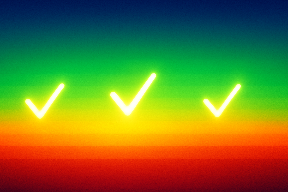Radiant gradient heatmap with three bright checkmarks—data-backed confidence, rising success rate, clear go/no-go signal—decisive, reassuring, winning momentum