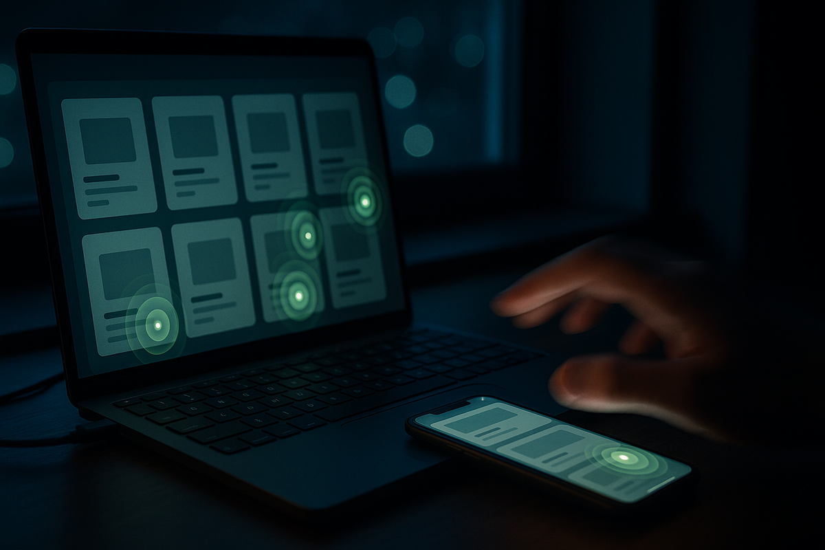 Night-time laptop and phone refreshing a product grid—soft neon notification pulses, poised fingertip about to tap—real-time drop chase, focused adrenaline, stealth shopping energy