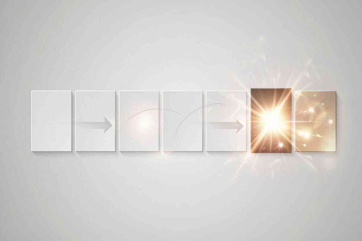 Minimal step panels with arrows culminating in a brilliant burst—anticipation building to a peak release moment—spark of opportunity, thrilling payoff, decisive timing