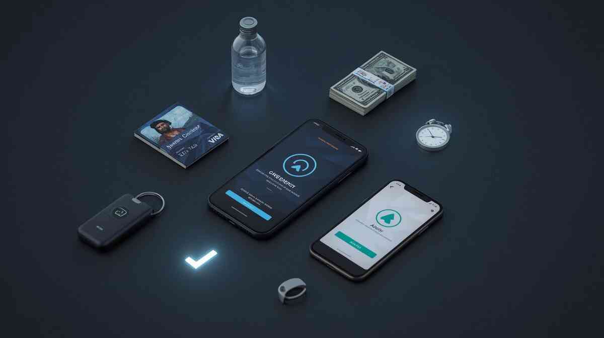 Decisive flat-lay kit on a dark desk—ID, membership card, cash, watch, smartphone app ready—clean checklist energy, prepared mindset, calm readiness before the buy