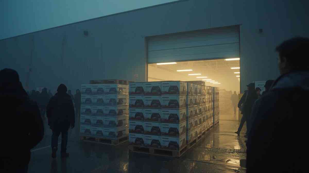 Foggy dawn restock at an unbranded Osaka warehouse—towers of generic console boxes glowing from an open bay, hopeful crowd stepping in from the wet cold—Switch2 store stock now, cinematic urgency, shivering FOMO energy
