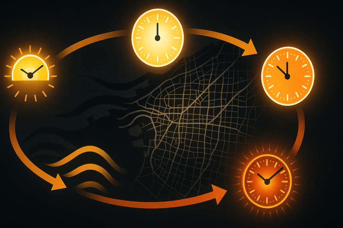 Timing map for Osaka—four luminous clocks orbiting a street grid with sweeping arrows: morning, noon, afternoon, night—Switch2 weekend drop cycle, tactical rhythm, warm confident glow