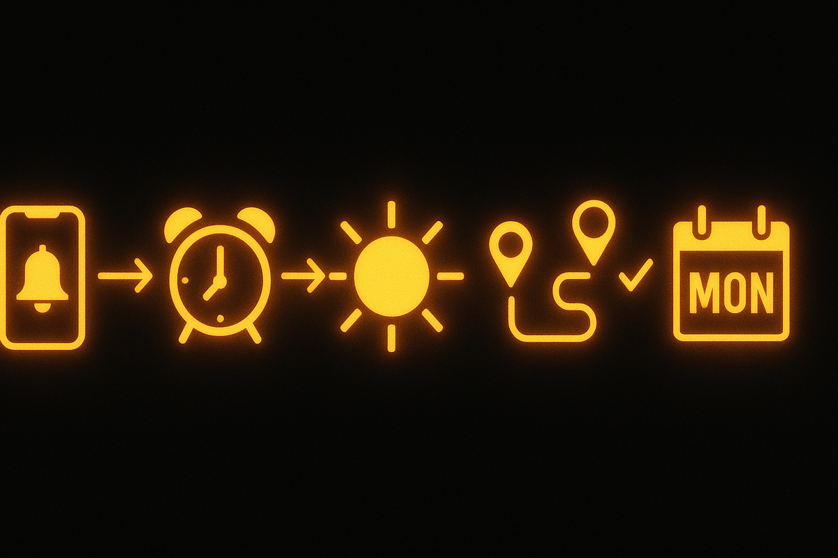 Five proven moves in a single neon line—phone alerts on → early alarm → morning attack → multi-store route with pins → Monday cleanup—Switch2 winning checklist, decisive momentum, triumphant readiness