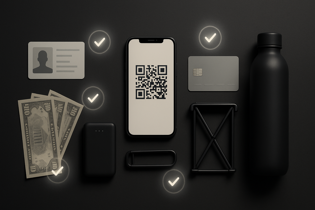 Minimal flat-lay of the must-have kit—ID, phone with QR membership, neutral card, cash, power bank, bottle, folding stool—Switch2 store-ready essentials, calm preparedness, clean trustworthy vibe