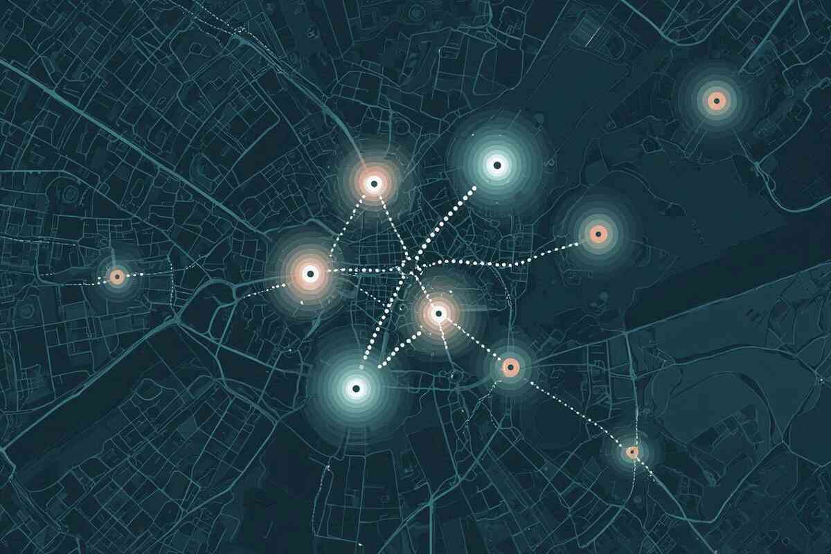 Osaka hotspot network—pulsing halos over downtown and suburbs linked by dotted routes—Switch2 multi-store sweep strategy, agile planning, smart hopeful motion