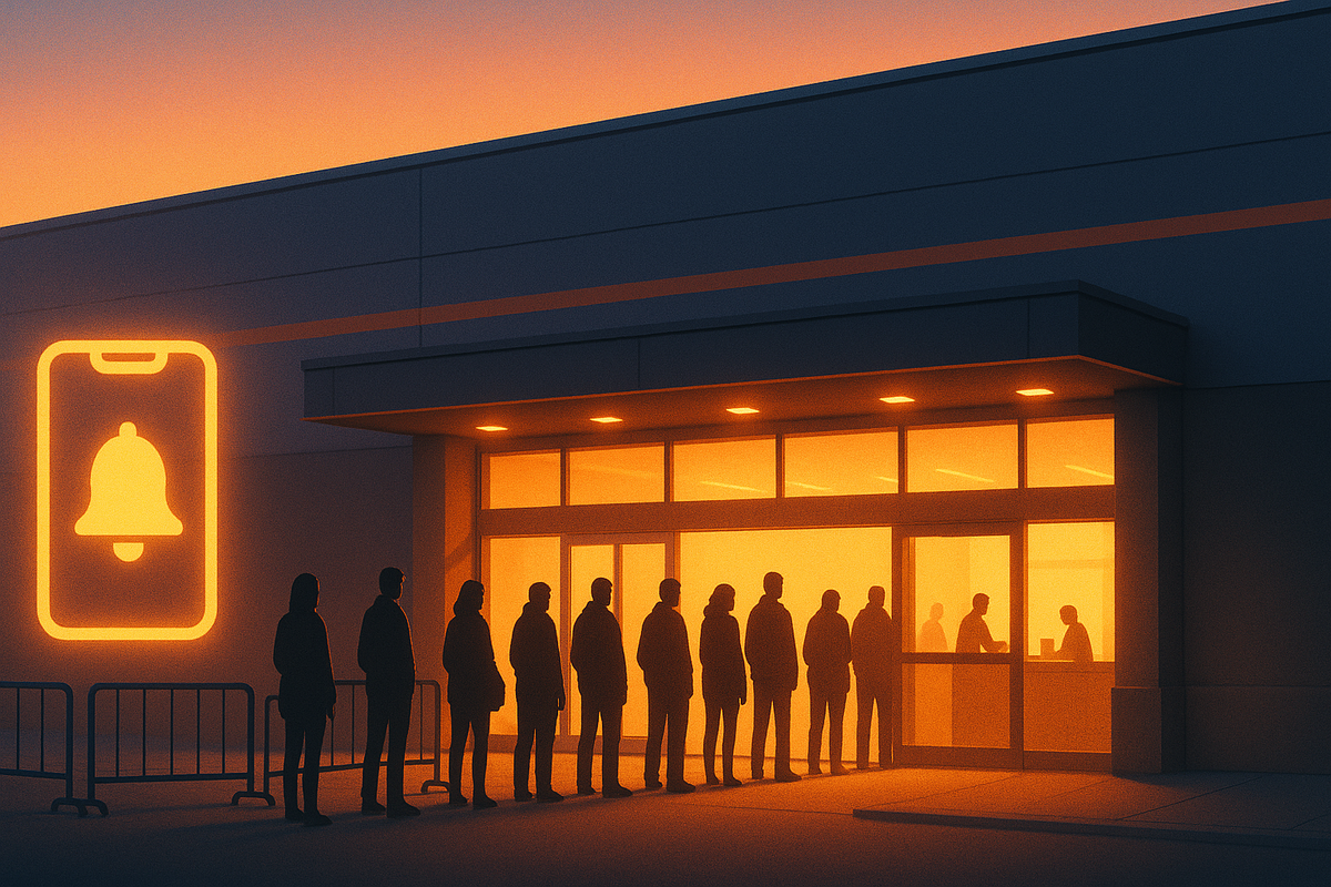 Dawn line outside an unbranded store with a giant phone-notification icon—alerts on, ticket desk lighting up, first-come-first-served adrenaline—Switch2 drop timing in Ikebukuro, electric anticipation
