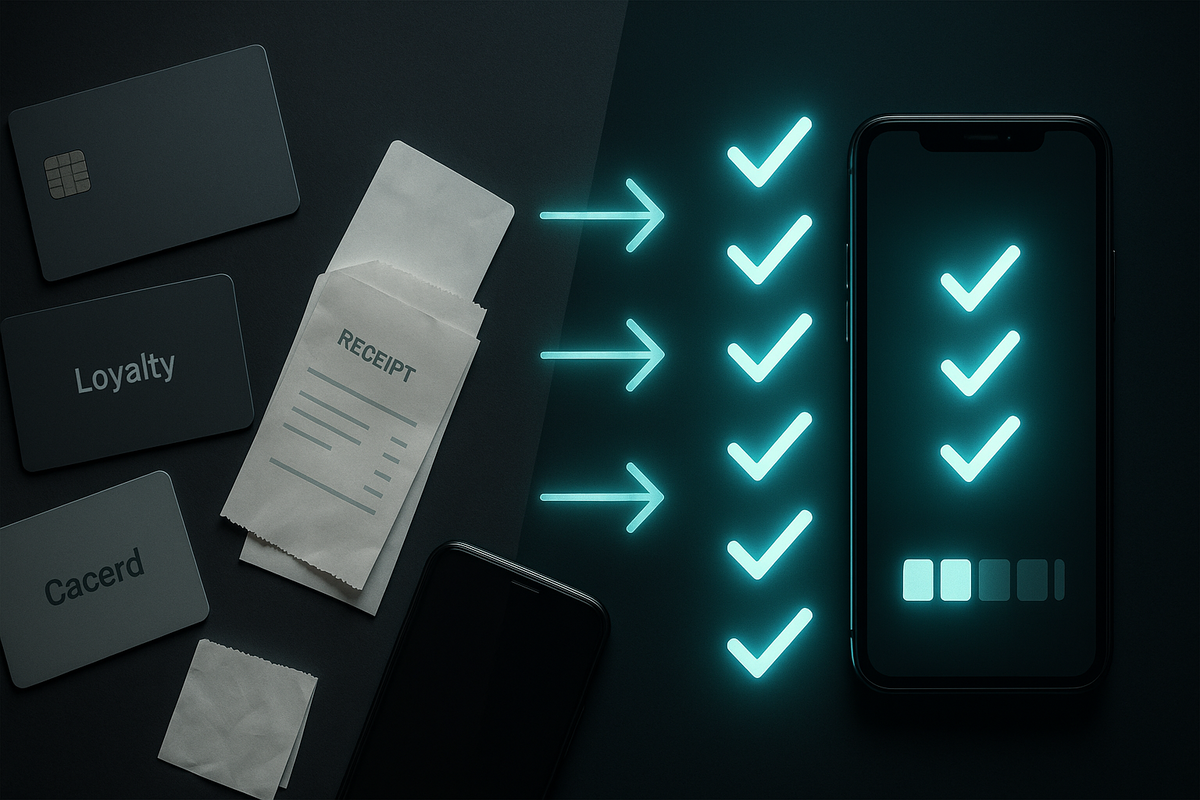 Purchase-conditions checklist—loyalty card, receipts, and an app-ready phone turning arrows into glowing checkmarks—meet the rules fast for Switch2 in Ikebukuro, decisive, no-nonsense confidence