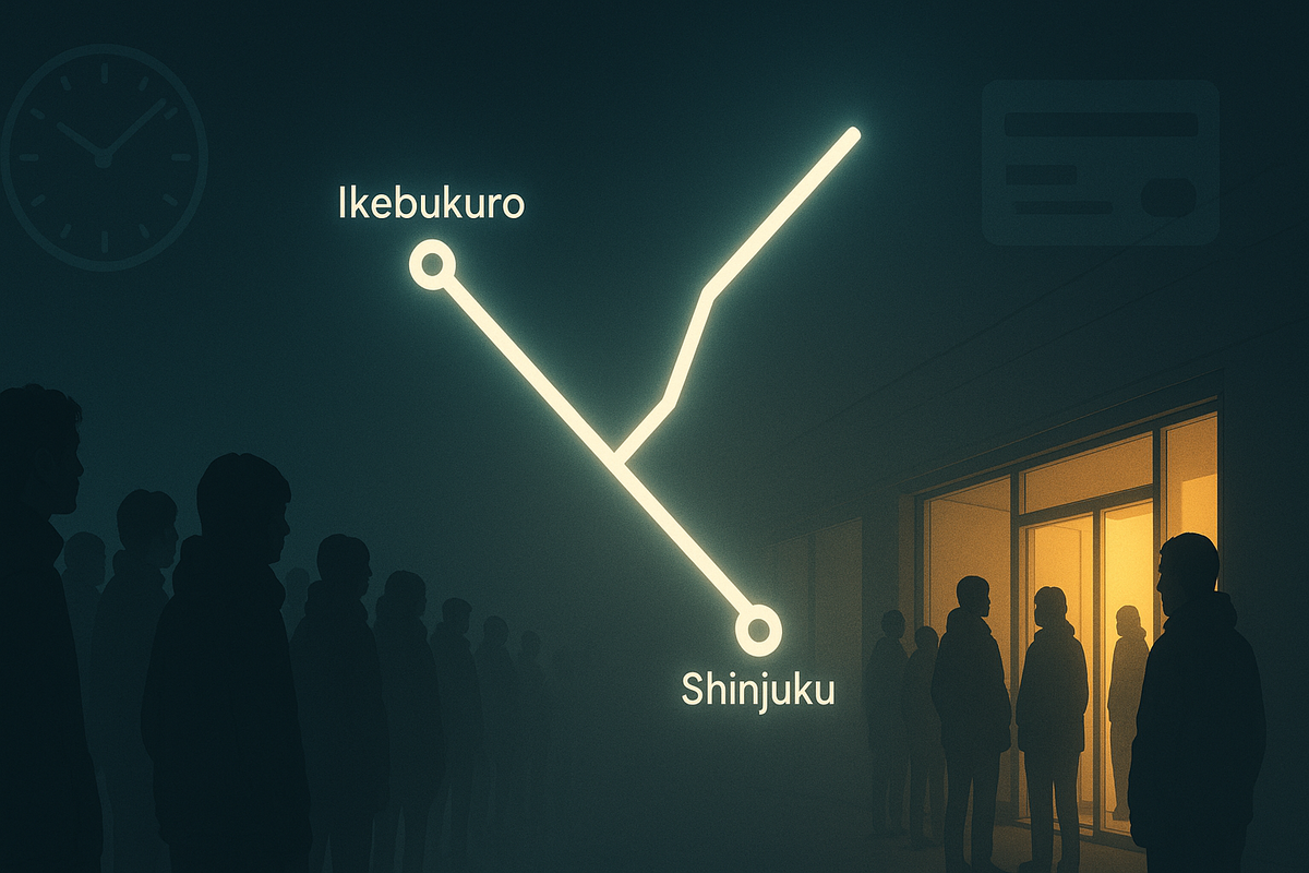 Neon rail path Ikebukuro → Shinjuku beside an early queue—7-minute hop to bigger stock, smart detour strategy, time-is-gold urgency—Switch2 hunters’ shortcut, sharp city glow