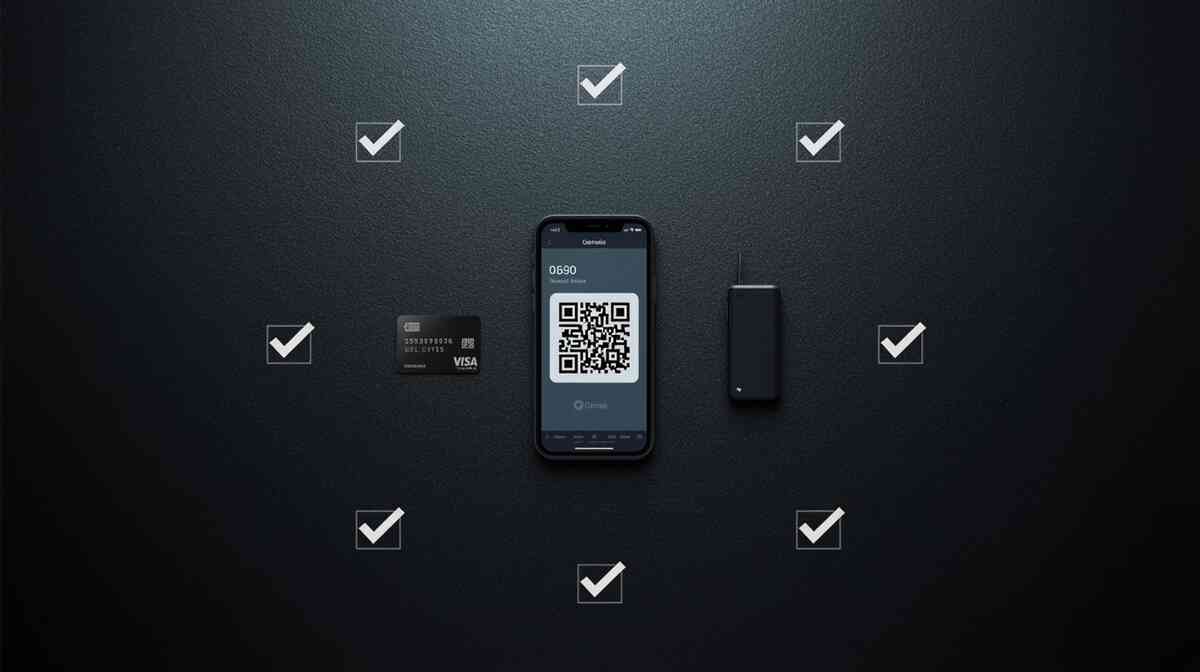 Minimal prep kit—smartphone showing QR membership/queue code, neutral card and battery pack ringed by checkmarks—everything ready before the line, smooth Switch2 purchase vibe, quiet triumph