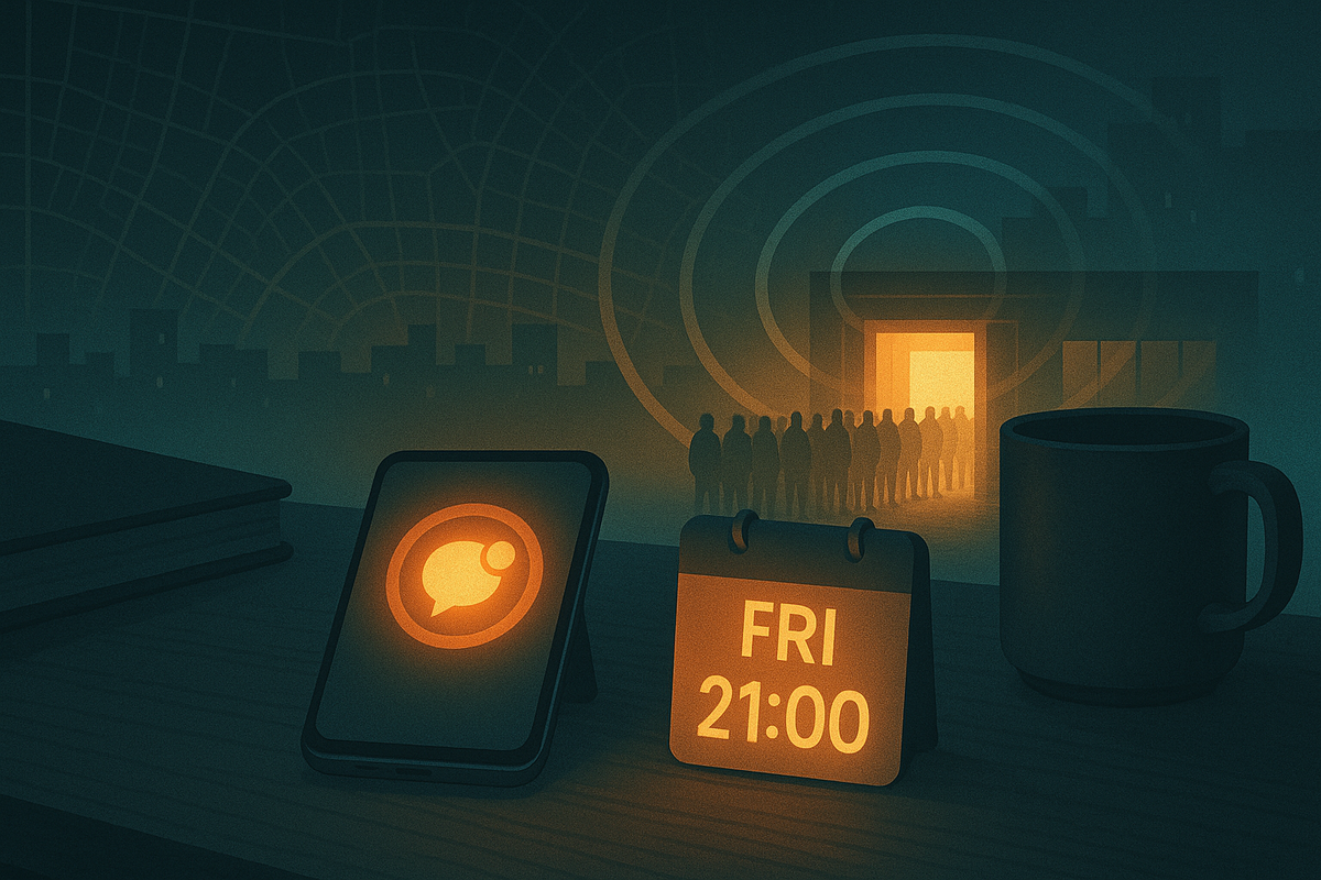 Night-desk setup with smartphone alert icon blazing and mini calendar “FRI 21:00,” distant doorway glowing as a line forms—set notifications for guerrilla drops, warm coffee-night focus, electric anticipation