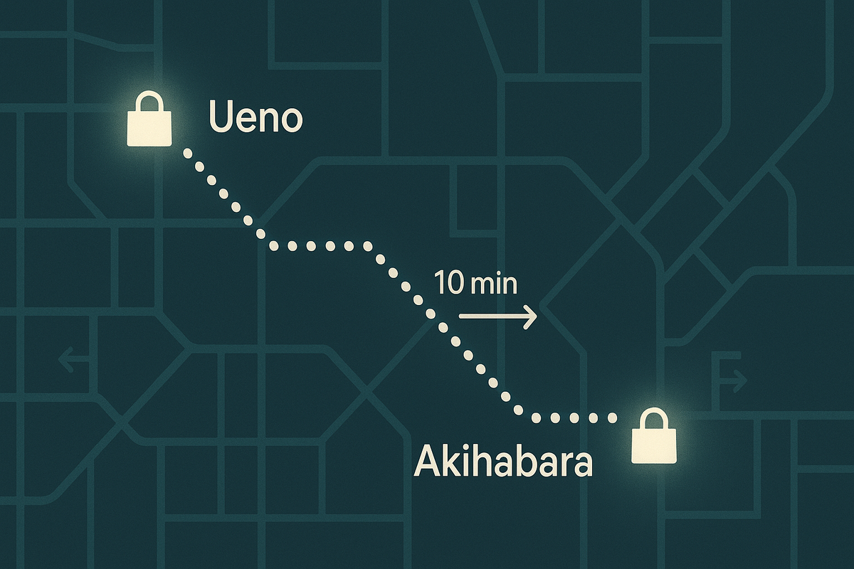 Minimal walking map—dotted route Ueno → Akihabara with “10 min” arrow and glowing shopping bag icons—instant Plan-B pivot, fast city stride, confident treasure-hunt vibe