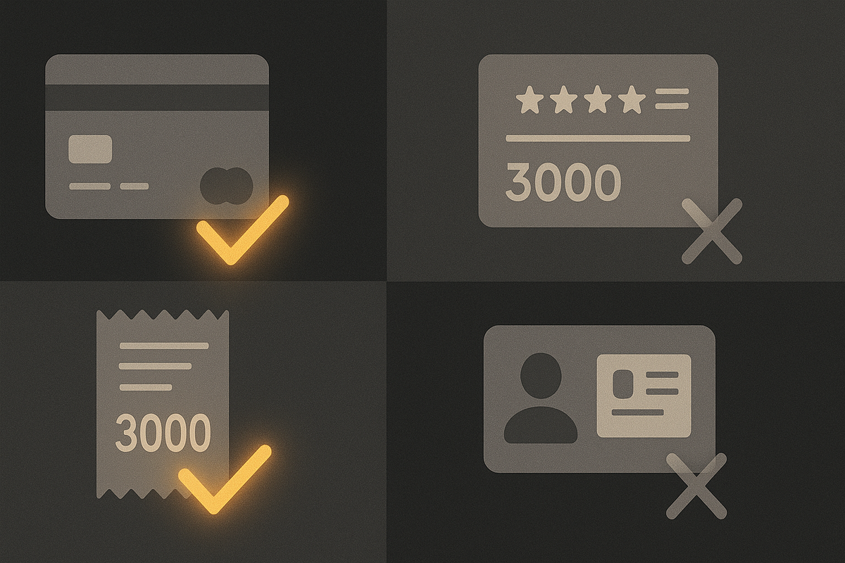 Condition matrix at a glance—credit card with warm check, loyalty 3000 crossed out, purchase receipt 3000 checked, ID card crossed out—rules decoded, decisive yes/no clarity for Switch2 buyers