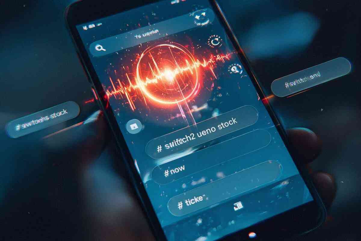 Close-up smartphone search with pulsing waveform and hashtag chips—#switch2 ueno stock, #now, #ticket—real-time social radar, thrilling heartbeat urgency to catch live restocks