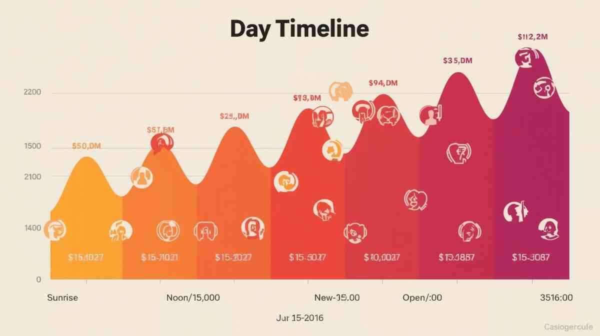 Bold day timeline heatmap—opening blaze at morning, noon and 15:00 secondary peaks, evening cool-down—data-driven timing for best odds, upbeat momentum glow