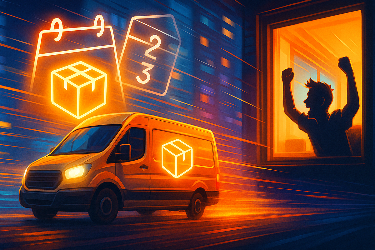 Speeding delivery van glowing neon orange on a city street, parcel and calendar icons floating above it, while a silhouette gamer cheers wildly from a bright window—joyful rush of a Switch 2 arriving in just a few days, fast shipping energy and hopeful anticipation