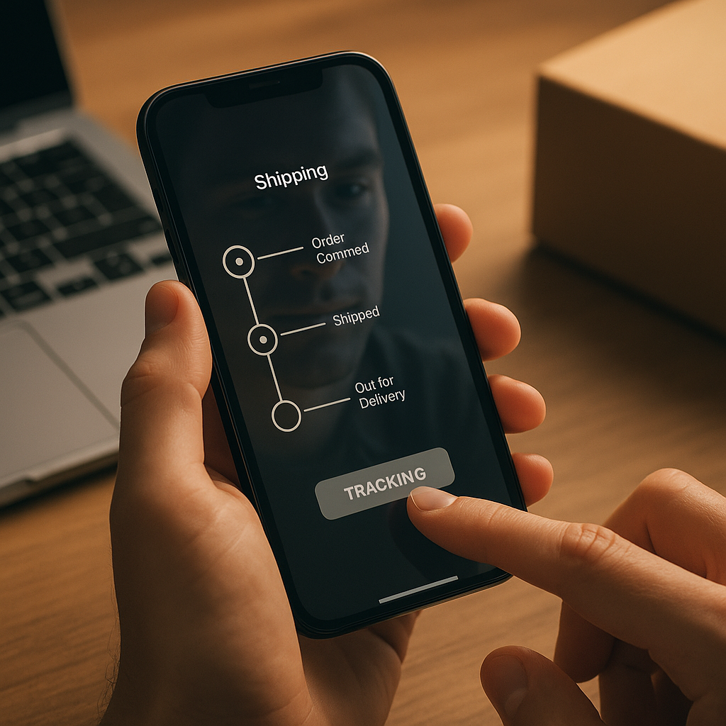 Close-up hands holding a smartphone with a clean shipping timeline from ordered to out for delivery and a big tracking button, soft desk light and reflection of a focused face—calm but tense buyer checking real-time Switch 2 delivery status with quiet hope