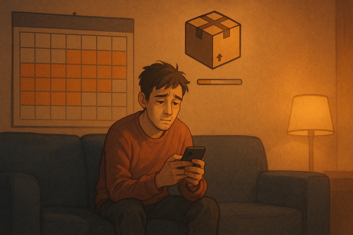 Exhausted man slumped on a sofa in a dim living room, endlessly scrolling his phone while a calendar of orange waiting days and a stuck progress bar float above a parcel icon—slow pre-order shipping for a Switch 2, lonely frustration and quiet sadness