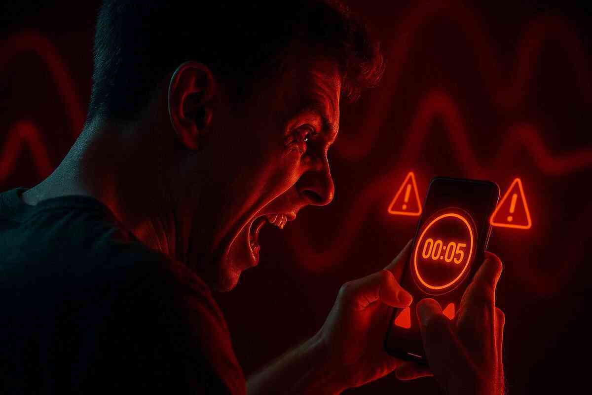 Angry man in intense red light screaming at a smartphone that shows a giant countdown timer and warning symbols, hands gripping the device—delivery delay rage, boiling emotional tension, last-minute panic when a long-awaited Switch 2 still hasn’t arrived