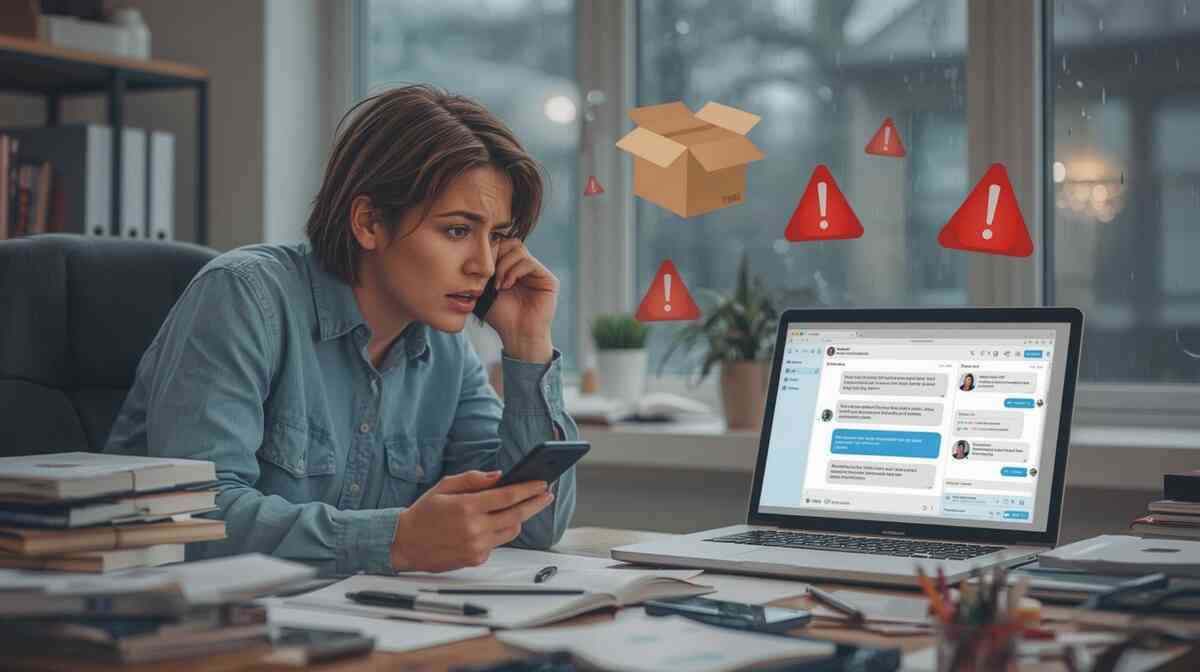 Worried woman at a cluttered home office desk on the phone with customer support, laptop screen showing a chat about a missing package while red alert icons and a cardboard box float around her—realistic ecommerce drama, anxious problem-solving over a delayed Switch 2 delivery
