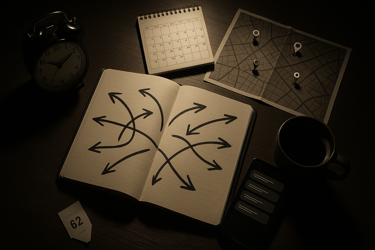 Moody sepia desk with notebook full of crisscrossing arrows, wall calendar, city map with pins, coffee mug, smartphone, and queue ticket—late-night brain-burning session designing the ultimate multi-store Switch2 hunting route