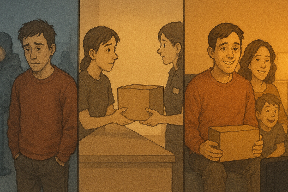 Three-panel story: sad shopper alone in a failed queue, then nervously receiving a package at a counter, finally smiling on the sofa with family holding a box—emotional journey from frustration to warm Switch2 victory at home