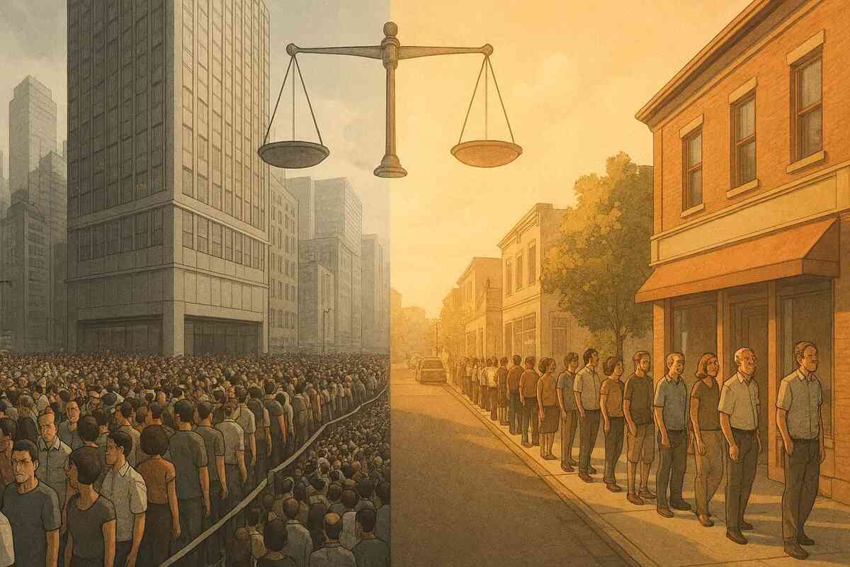 Split scene under a giant balance scale: left, grey megacity jammed with endless crowds in suffocating lines; right, sunlit small town with a shorter relaxed queue—dramatic contrast of stressful urban Switch2 hunt vs hopeful regional chance