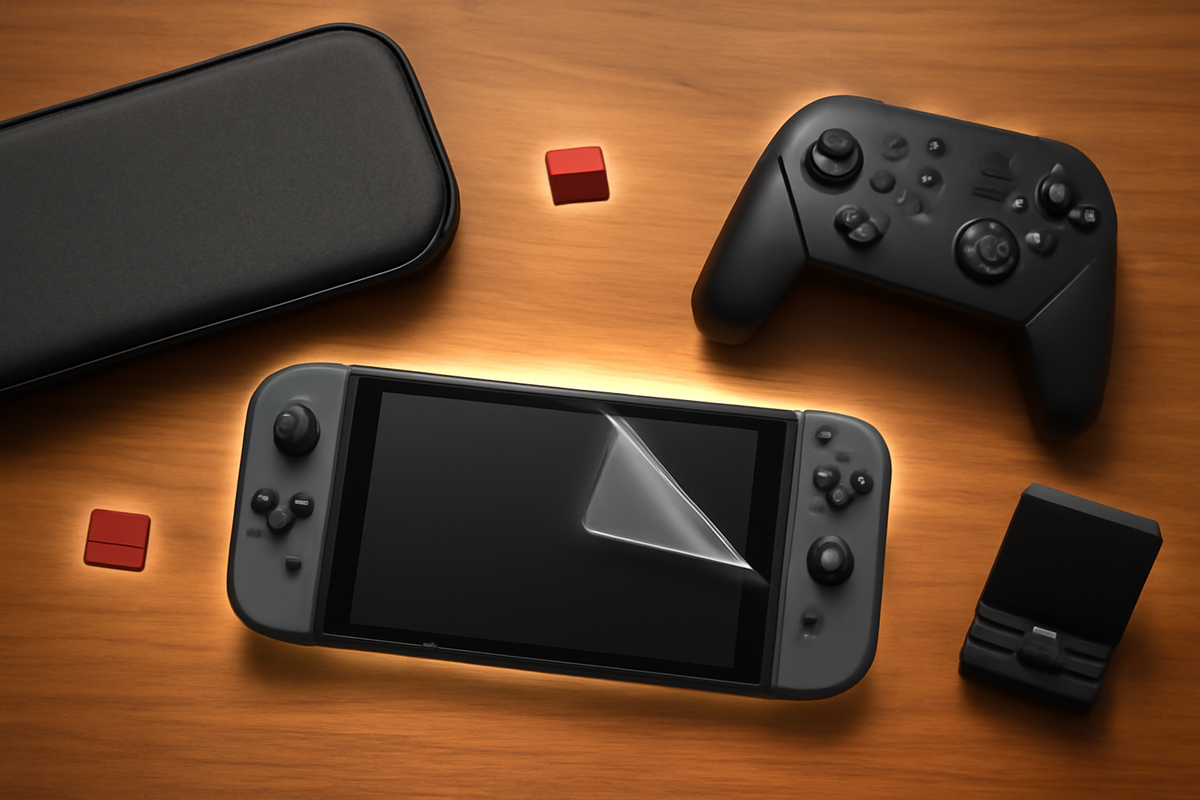 Warm wooden desk flat lay with a new handheld game console peeling its screen protector, pro-style controller, slim carry case, dock, and tiny game cards—deeply satisfying Switch2 starter kit vibe, cozy pre-play excitement