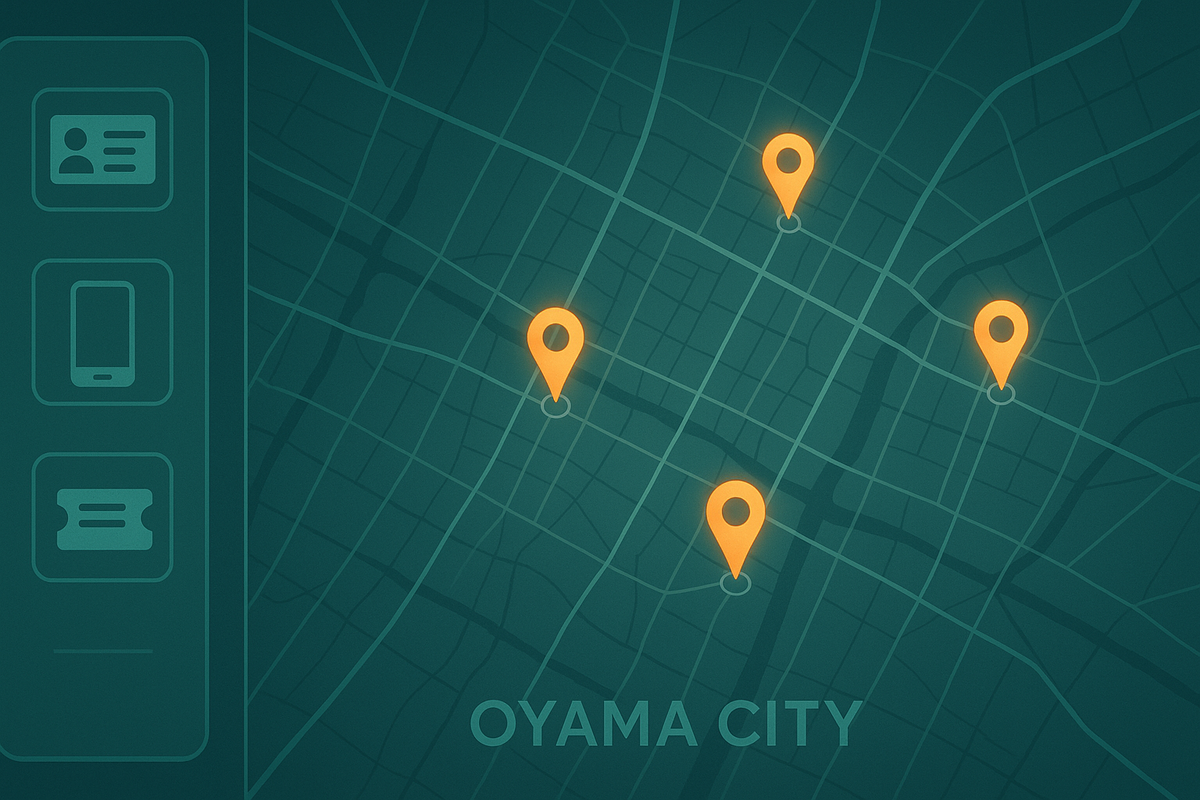 Teal city map of Kyoto with four glowing location pins and a side diagram linking ID card, smartphone, and ticket—calm but strategic visual of Switch2 store locations and purchase requirements, focused planning mood