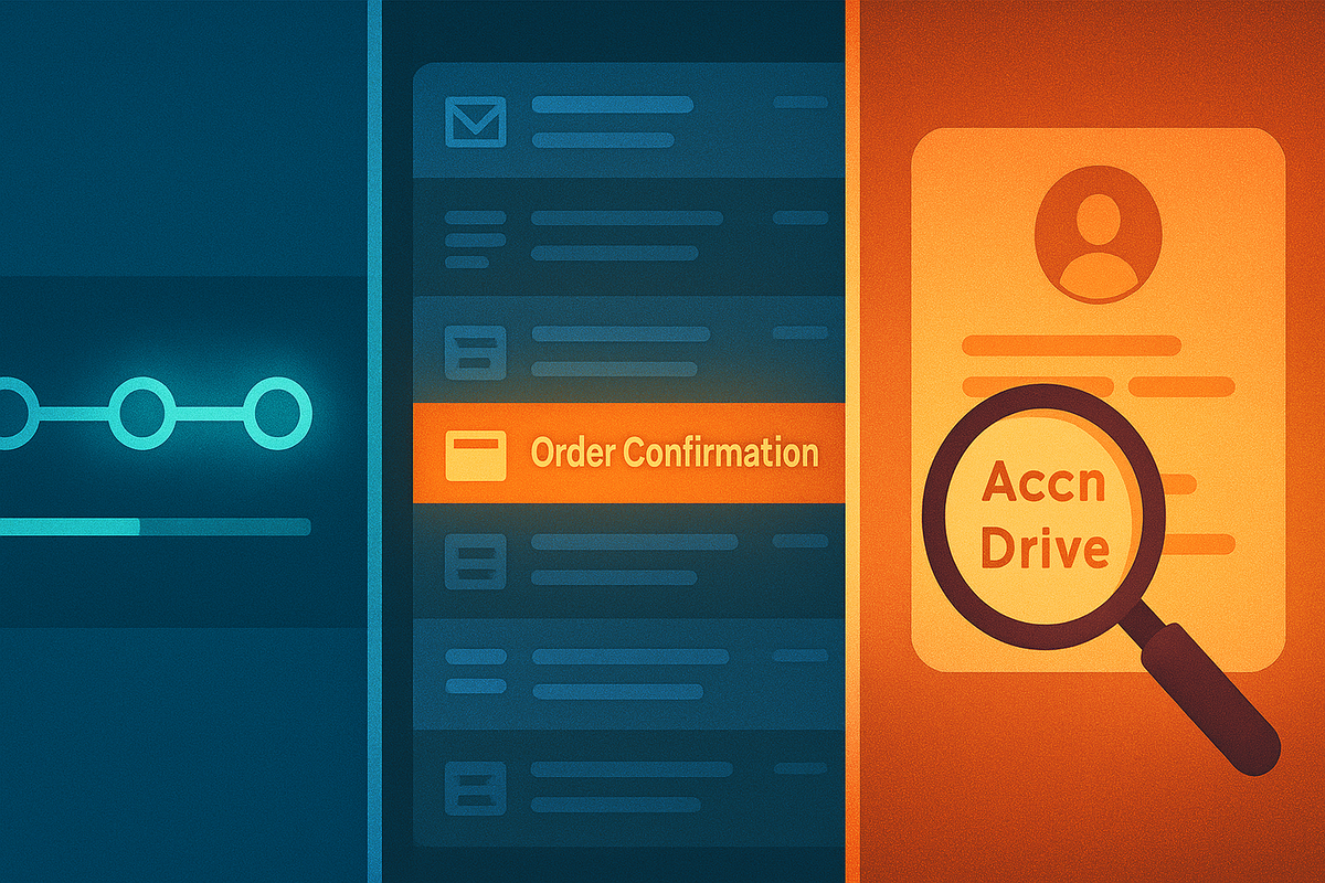 Three-part checklist view—left a glowing shipping-status timeline, center an inbox with “Order Confirmation” highlighted, right a profile sheet under a big magnifying glass—calm but urgent roadmap for checking status, email, and registered address after a Switch2 order mistake